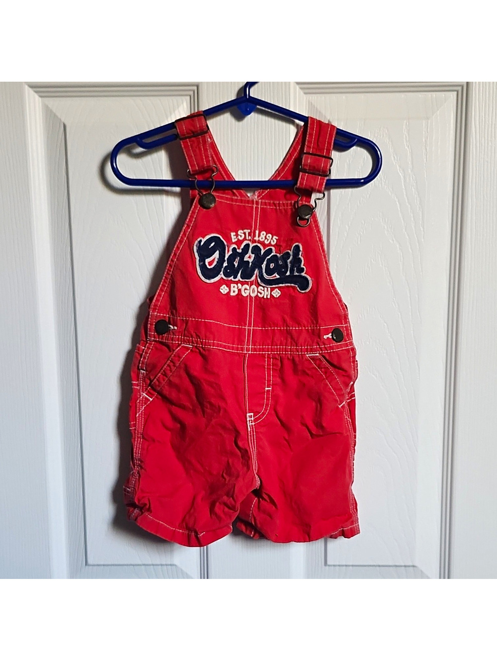 OshKosh B'gosh Red Cotton Canvas Shortall Overalls Logo Pockets 18 Months